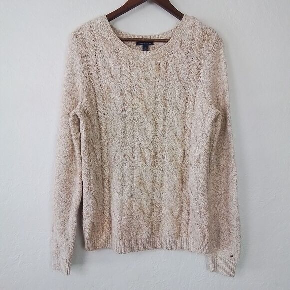 Tommy Hilfiger Sweater Sz L Beige Textured Cable Knit‎ Crew Neck Preppy Classic - Picture 1 of 11